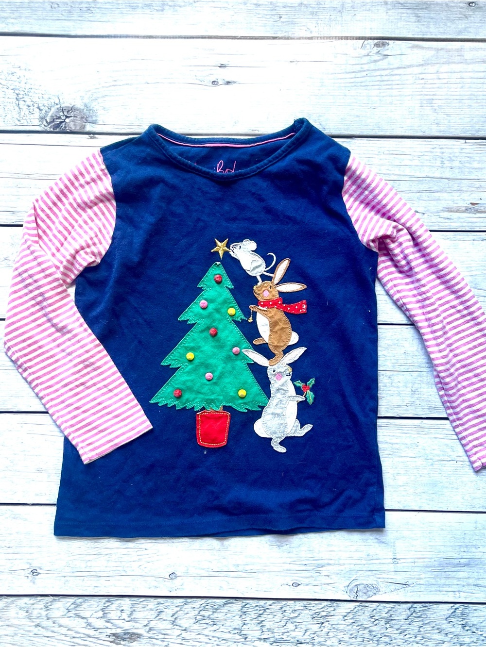Mini Boden Navy Blue Holiday Bunny & Tree Long-Sleeve Top with Pink Stripes